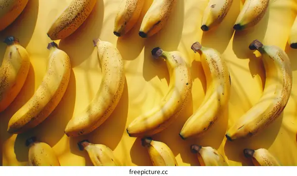 Close-up of a bunch of ripe yellow bananas on a yellow background