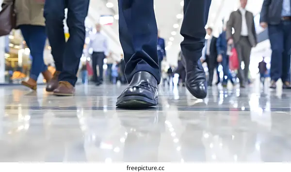 Close up of Businessman Feet Walking in Crowd