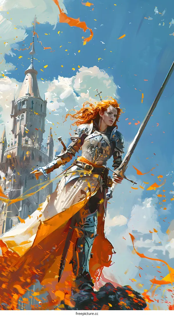 Warrior Woman in Armor with a Sword and a Tower in the Background