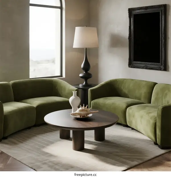 Modern living room with curved green sofas and wooden coffee table