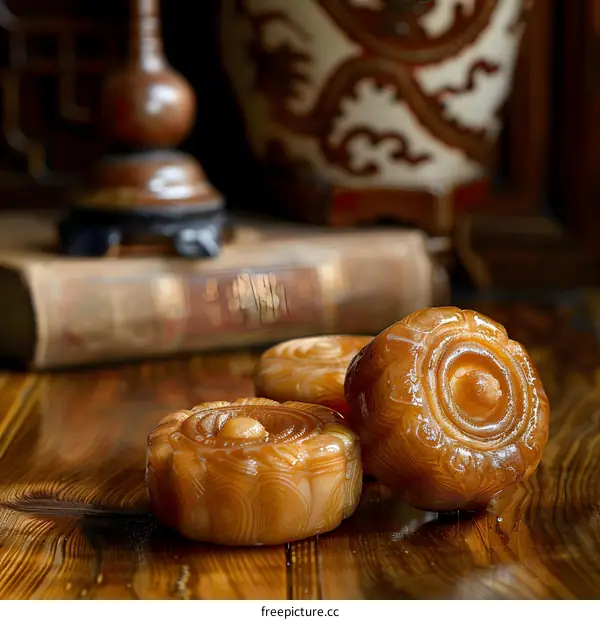 Close Up of Three Caramel Candy Flowers on Wooden Table