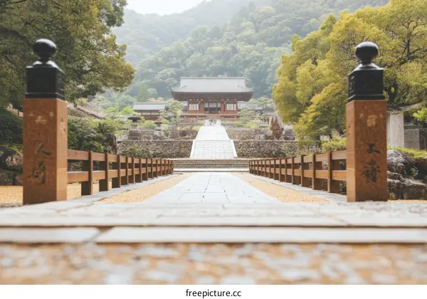 Japanese Temple Pathway with Traditional Wooden Railings