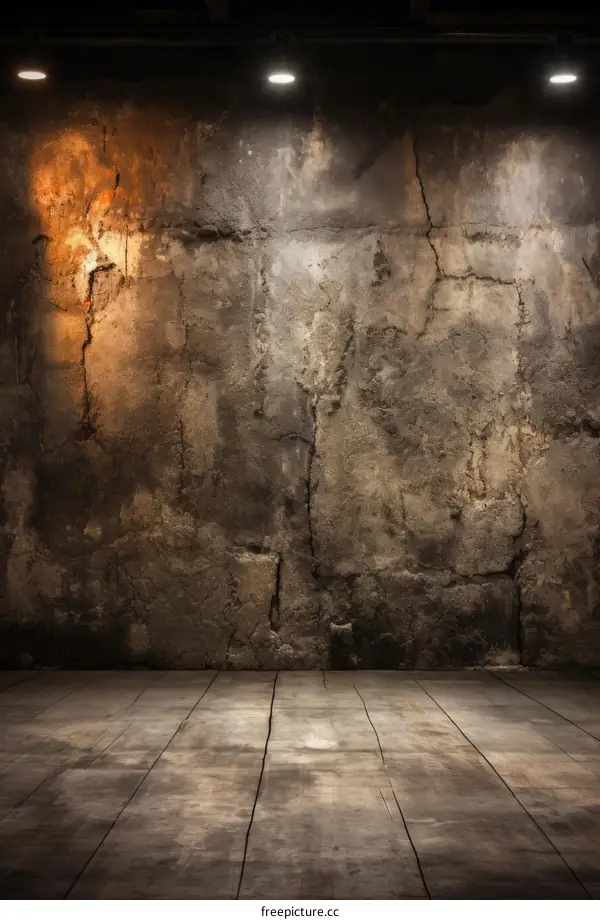 Grunge concrete wall with wooden floor under bright spotlights