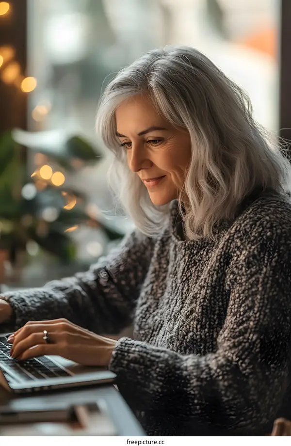 Woman Working on Laptop in Cafe