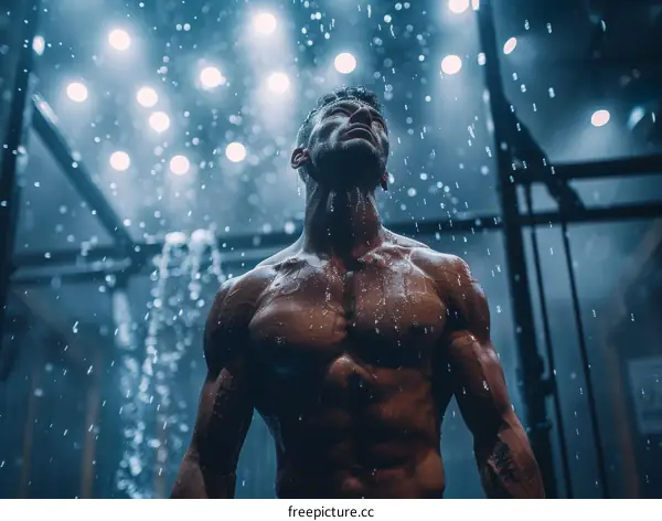 muscular man standing in the rain