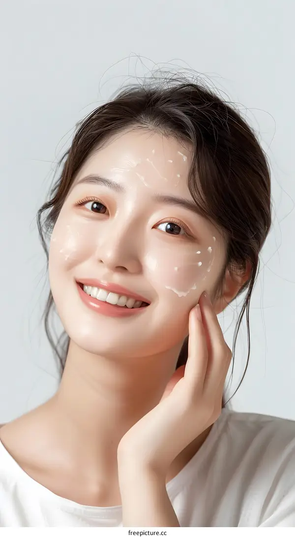 Smiling Asian Woman Applying Facial Cream