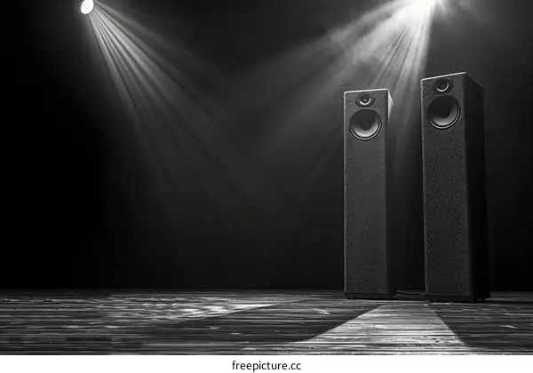Black Speakers on Stage Lit by Spotlights