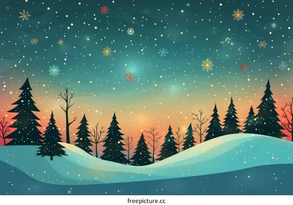 Snowy Landscape with Pine Trees and Aurora Borealis