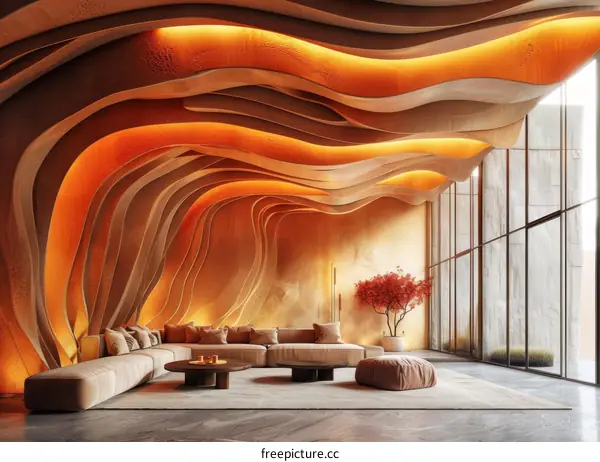 Modern Organic Interior Design With Wood Parametric Wall And Ceiling