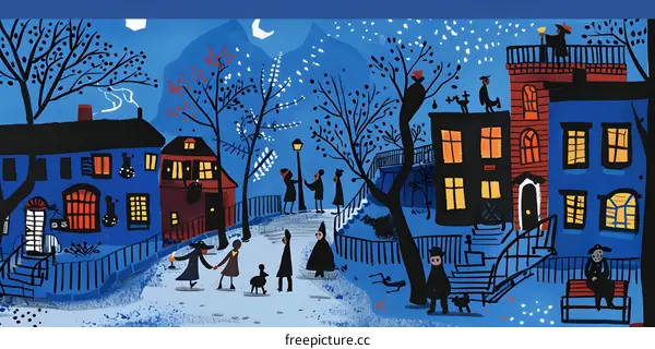 Nighttime Scene in a Small Town with People and Houses