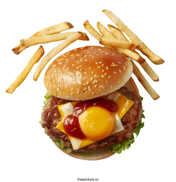 [Transparent Background PNG]Delicious Cheeseburger with Egg and Fries