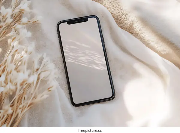 Black Smartphone on White Fabric with Dried Flowers