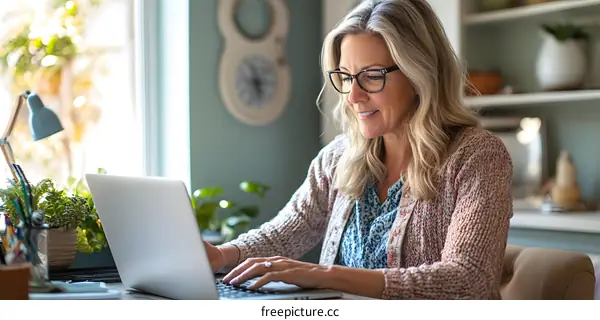 Woman Working On Laptop In Home Office