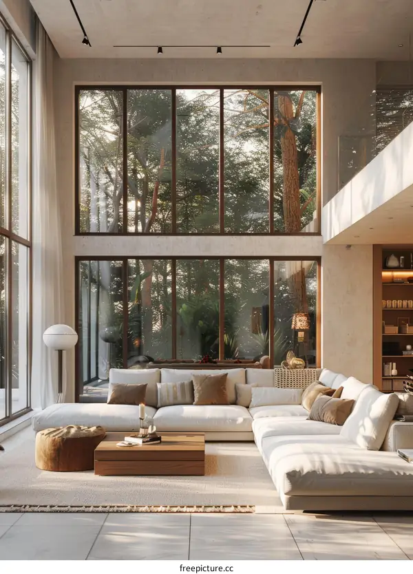 Modern Living Room with Forest View