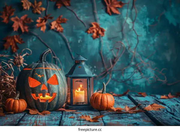 Spooky Halloween Still Life with Jack-o'-lantern and Candle Lantern