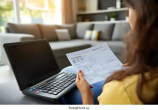 Woman Reading Tax Form at Home