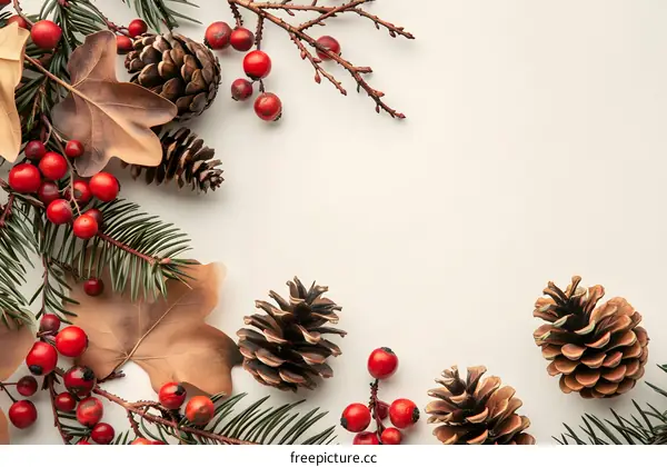 Christmas Decorations Background With Pine Cones and Berries