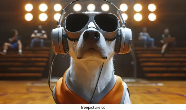 Dog Wearing Headphones and Sunglasses on Basketball Court