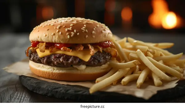 Cheeseburger with Crispy Onions and Fries