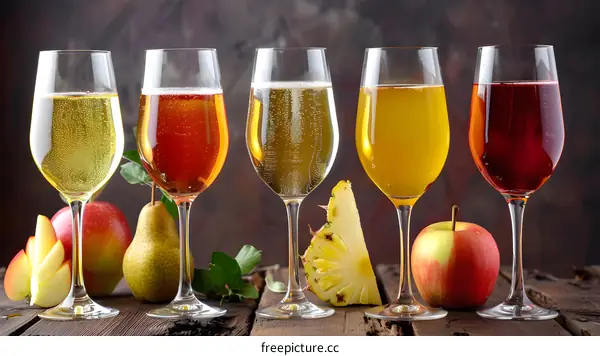 Four Glasses of Sparkling Cider with Fruits