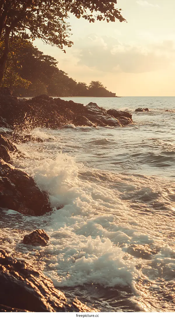 Waves Crashing On Rocky Shore