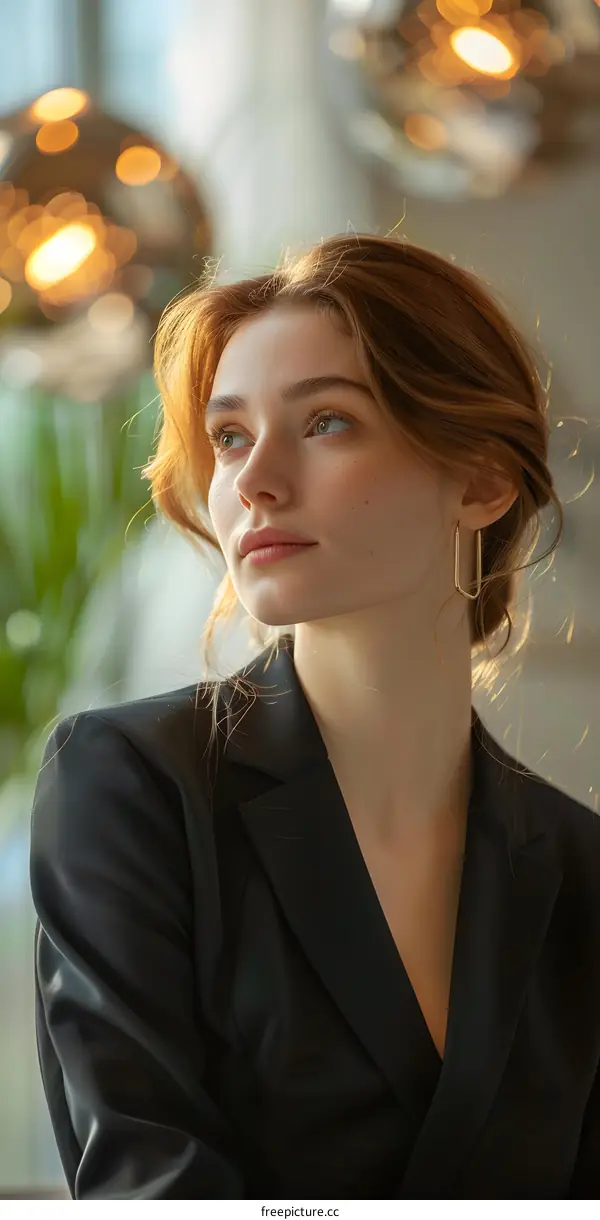 Portrait of a Young Woman with Red Hair in a Black Suit