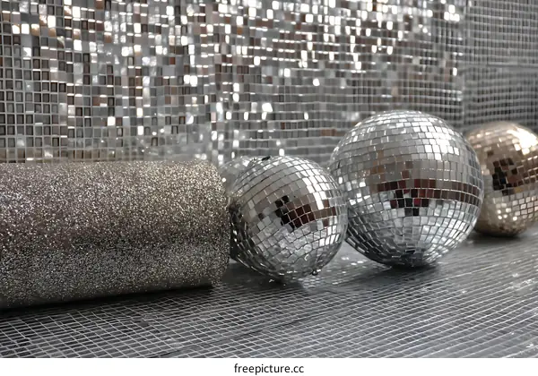 Silver Disco Balls and Glitter on Mosaic Wall