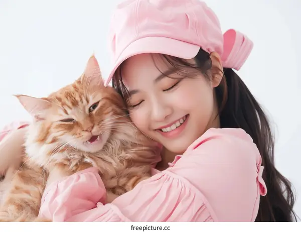 A woman in a pink cap is hugging an orange cat