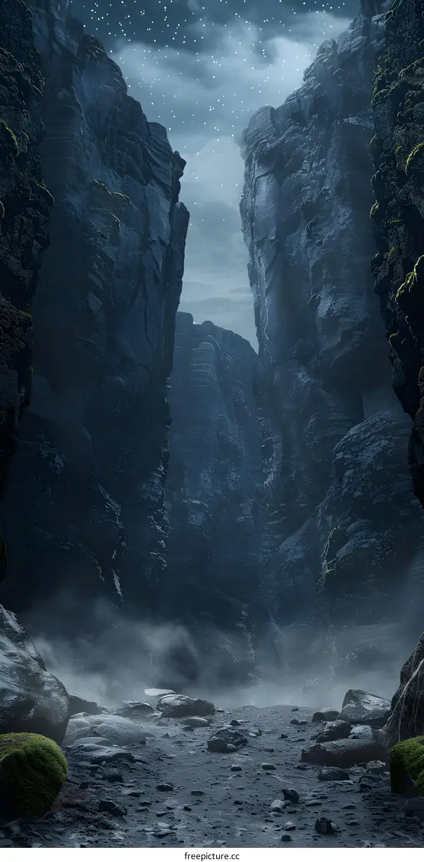 Dark and Mysterious Canyon at Night with Fog and Stars