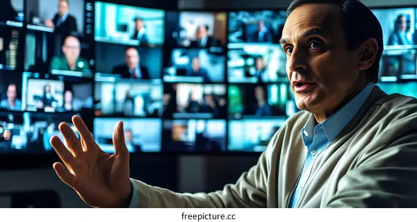 Man Talking On Video Call With Multiple People On Screen