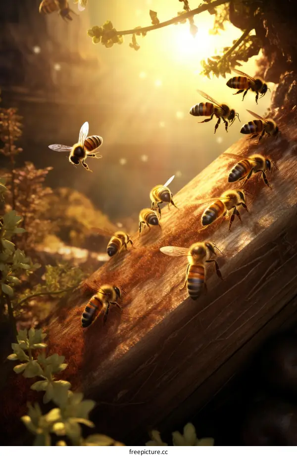 Busy Honey Bees on a Tree Trunk in the Forest