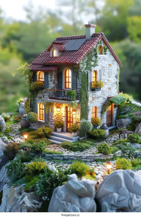 3D rendering of a beautiful stone cottage with a red roof