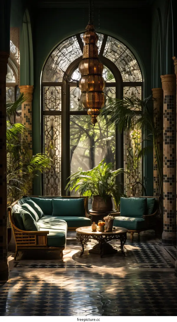 Elegant sunlit living room with green walls and tiled floor