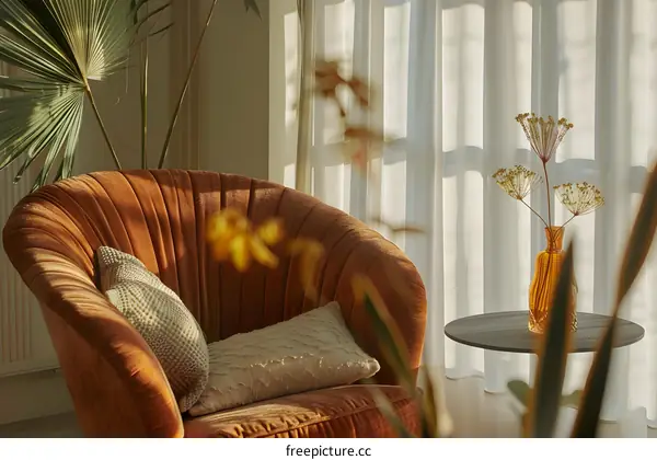 Modern Living Room with Velvet Armchair and Sunlit Window