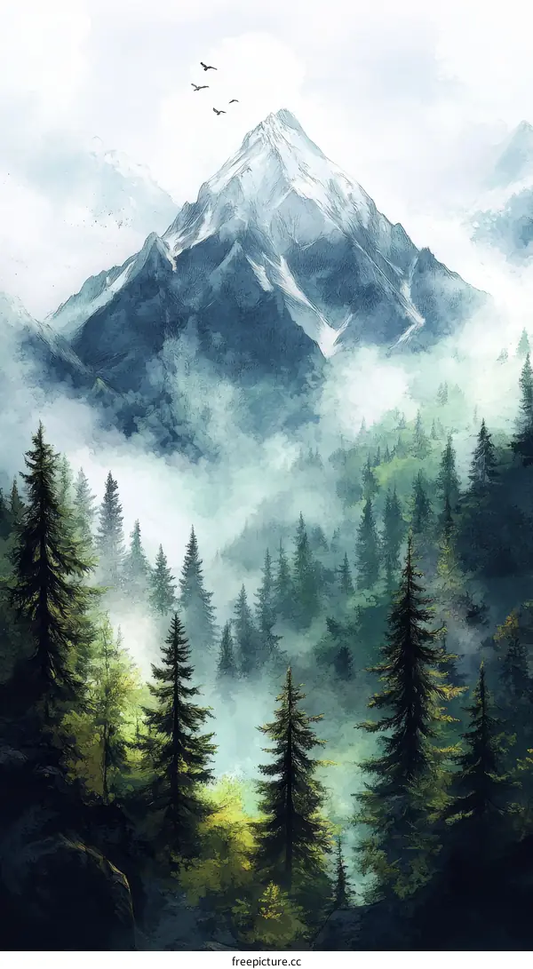 Misty Mountain Majesty Watercolor Illustration