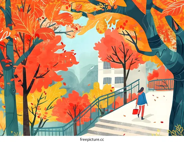 Autumn Leaves Fall Down Stairs Illustration