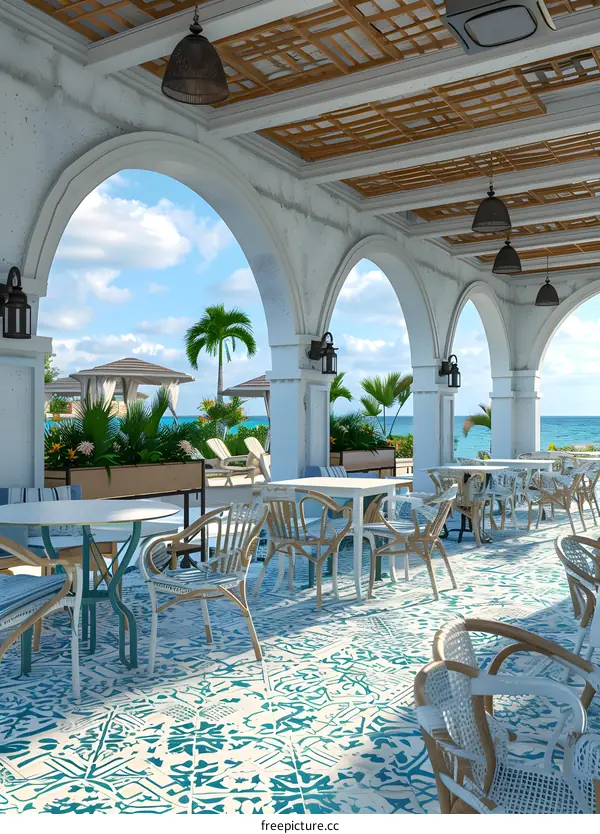 Outdoor Cafe with Arches and Ocean View