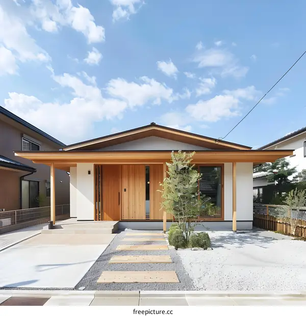 Modern Japanese Style House with Wooden Facade and Gravel Garden