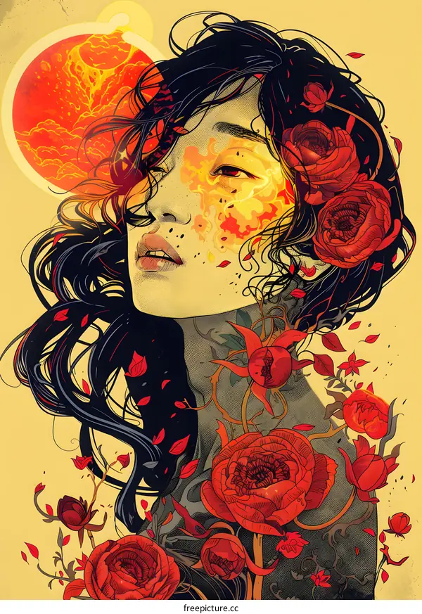 Woman with Red Flowers and a Burning Sun