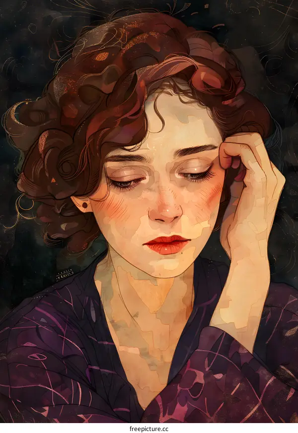 An illustration of a young woman with curly brown hair and red lips, wearing a purple dress with a white collar