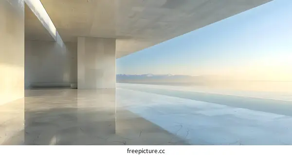 Minimalist interior with infinity pool and mountain view