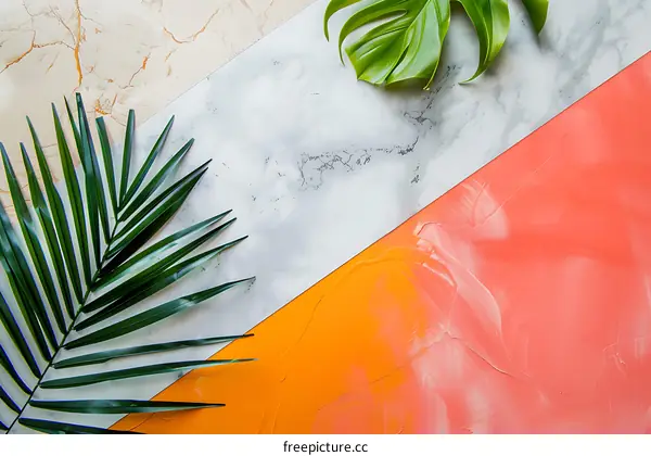 Tropical Leaves on Marble Background with Orange and Pink
