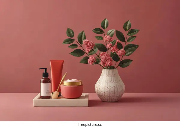 Elegant Cosmetic Display with Pink Flowers