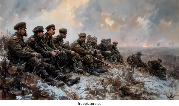 A group of soldiers are sitting on a snowy hill looking at a burning village