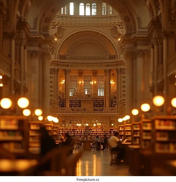 Ornate library interior with bookshelves, desks, and people studying
