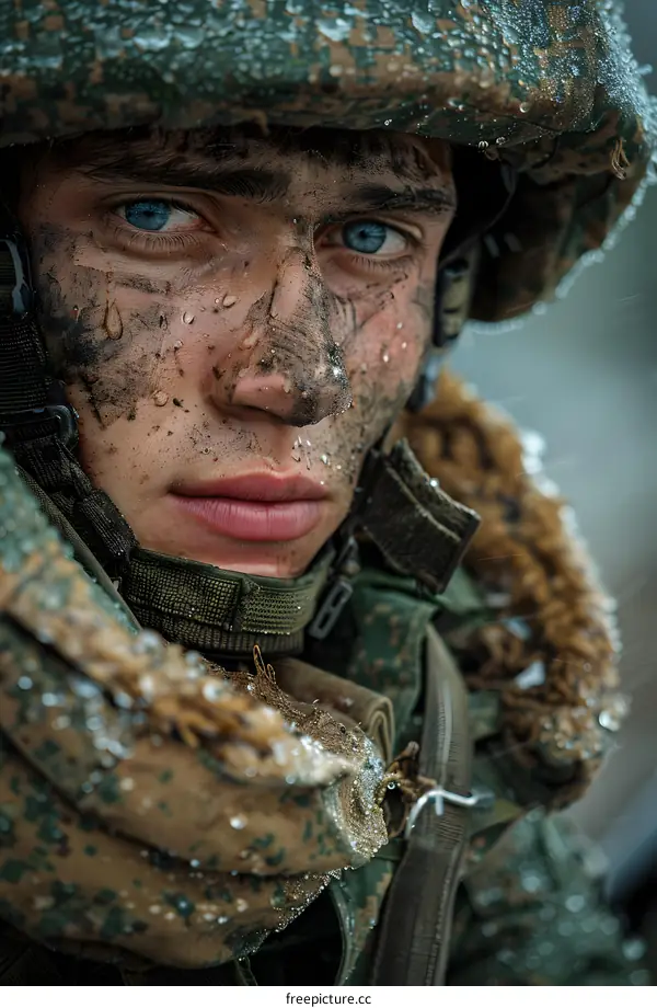 Close Up Portrait of a Soldier Covered in Mud and Rain
