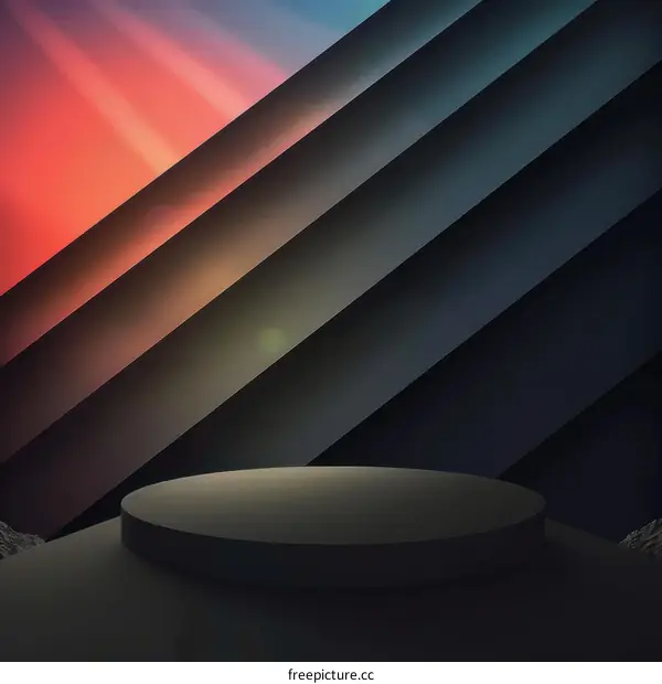 Black podium on the background of dark blue and red gradient stripes