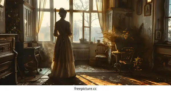 Woman standing in front of a window in an old house