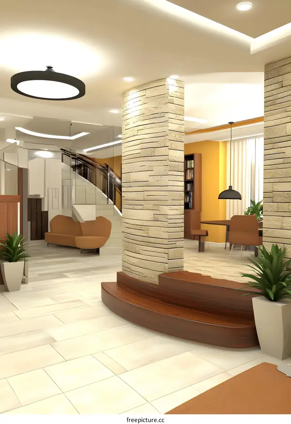 Modern Home Interior Design With Stone Wall And Staircase