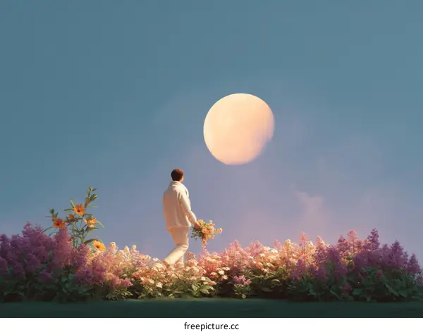A Man Walking Through a Garden Under the Moonlight
